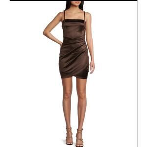 Honey and Rosie Satin Ruched Mini Dress Brown Spaghetti Strap Size Small Y2K
